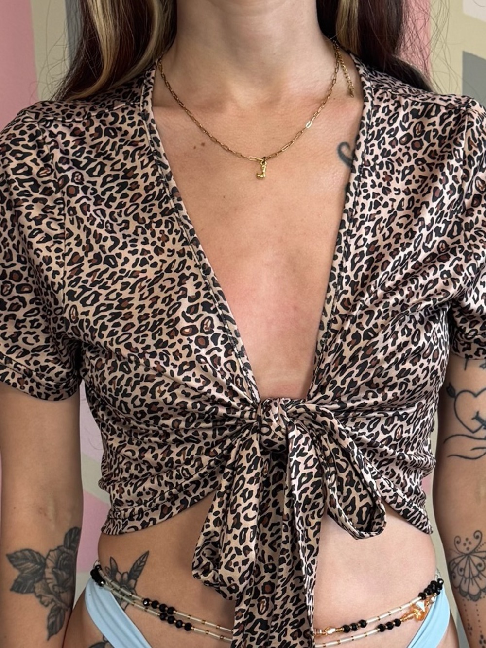 SHEIN Leopard Print Tie Front Crop Top